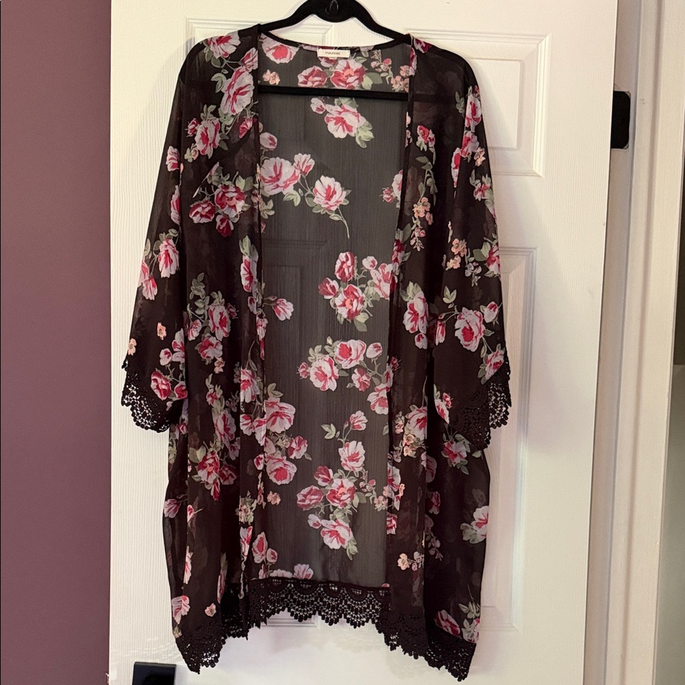 Maurices Black Sheer Floral Lace-Trim Kimono Robe with Pink Flowers